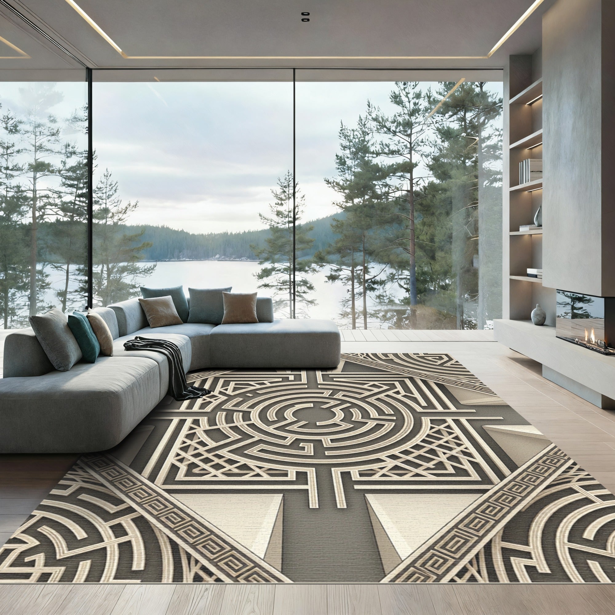 Geometric Beige Labyrinth Maze Rug