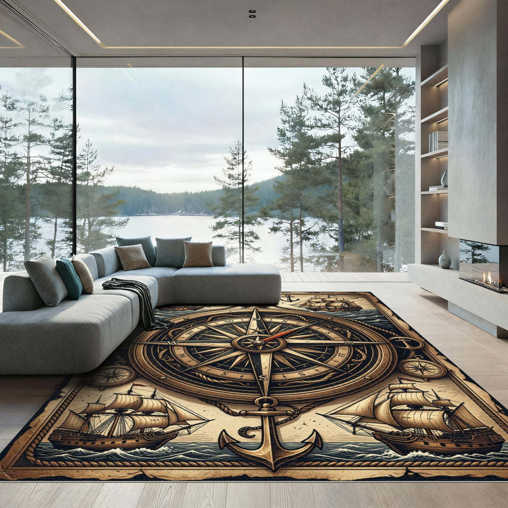 Vintage Nautical Compass and Ship Mariner Rug