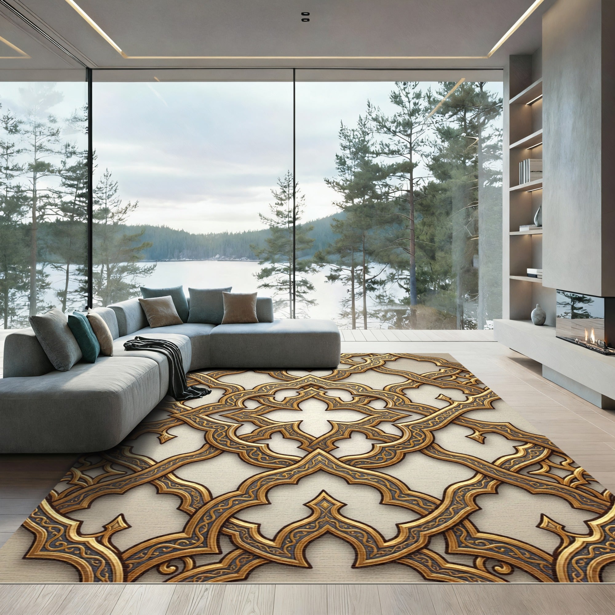Intricate Gold Arabesque Lattice Rug