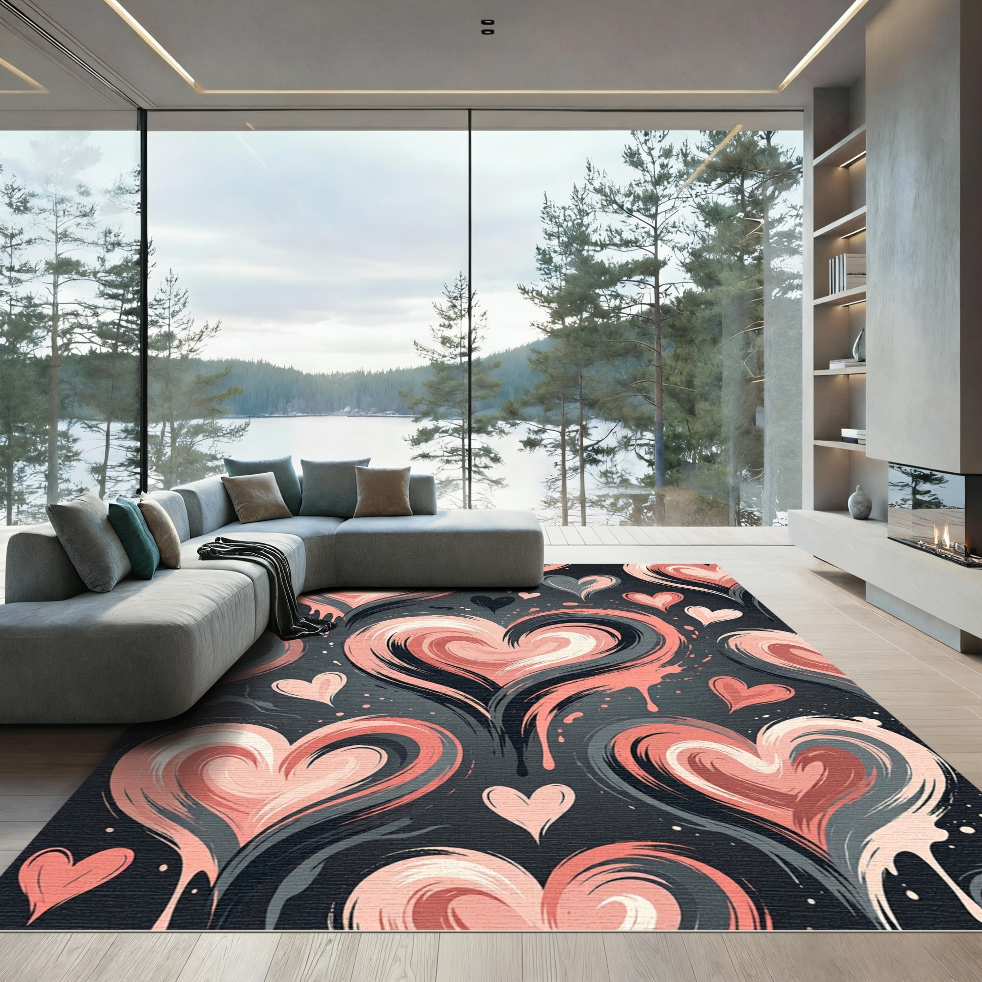 Pink Gray Swirl Hearts Splash Rug