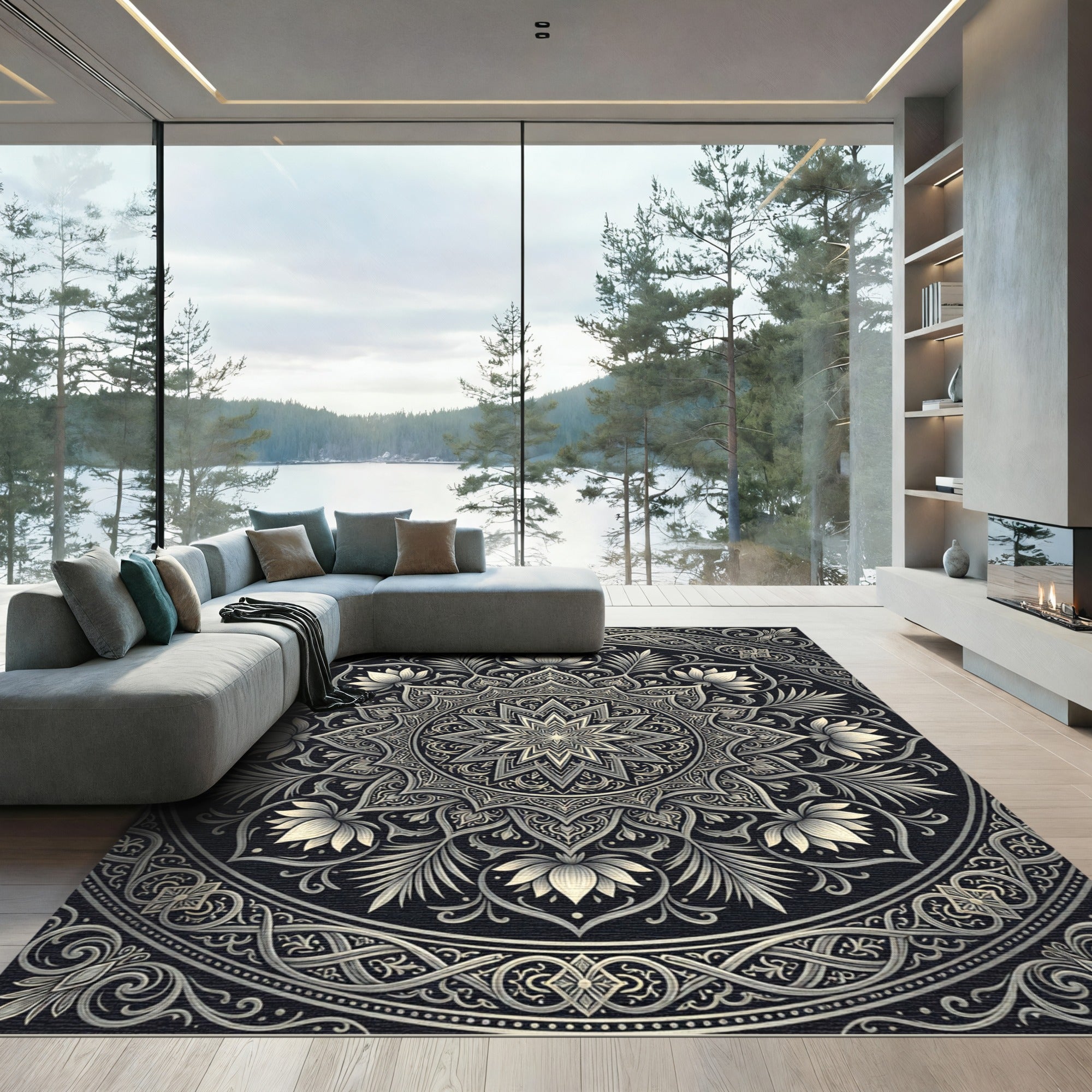 Elaborate Black Lotus Mandala Ornament Rug