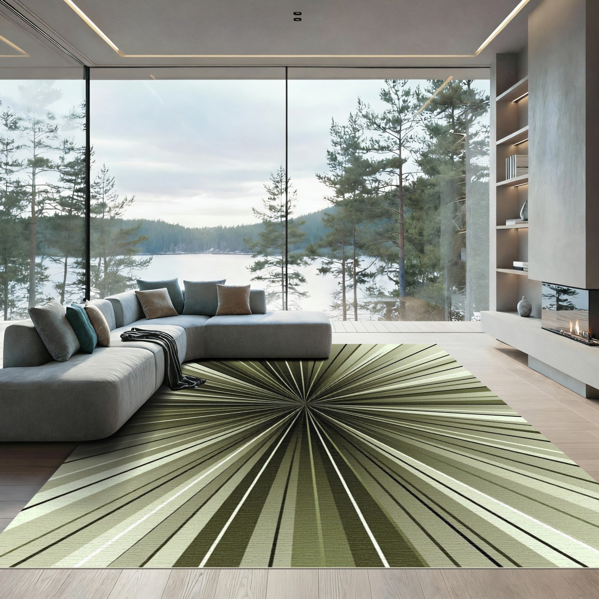 Olive Green Radiant Sunburst Abstract Rug