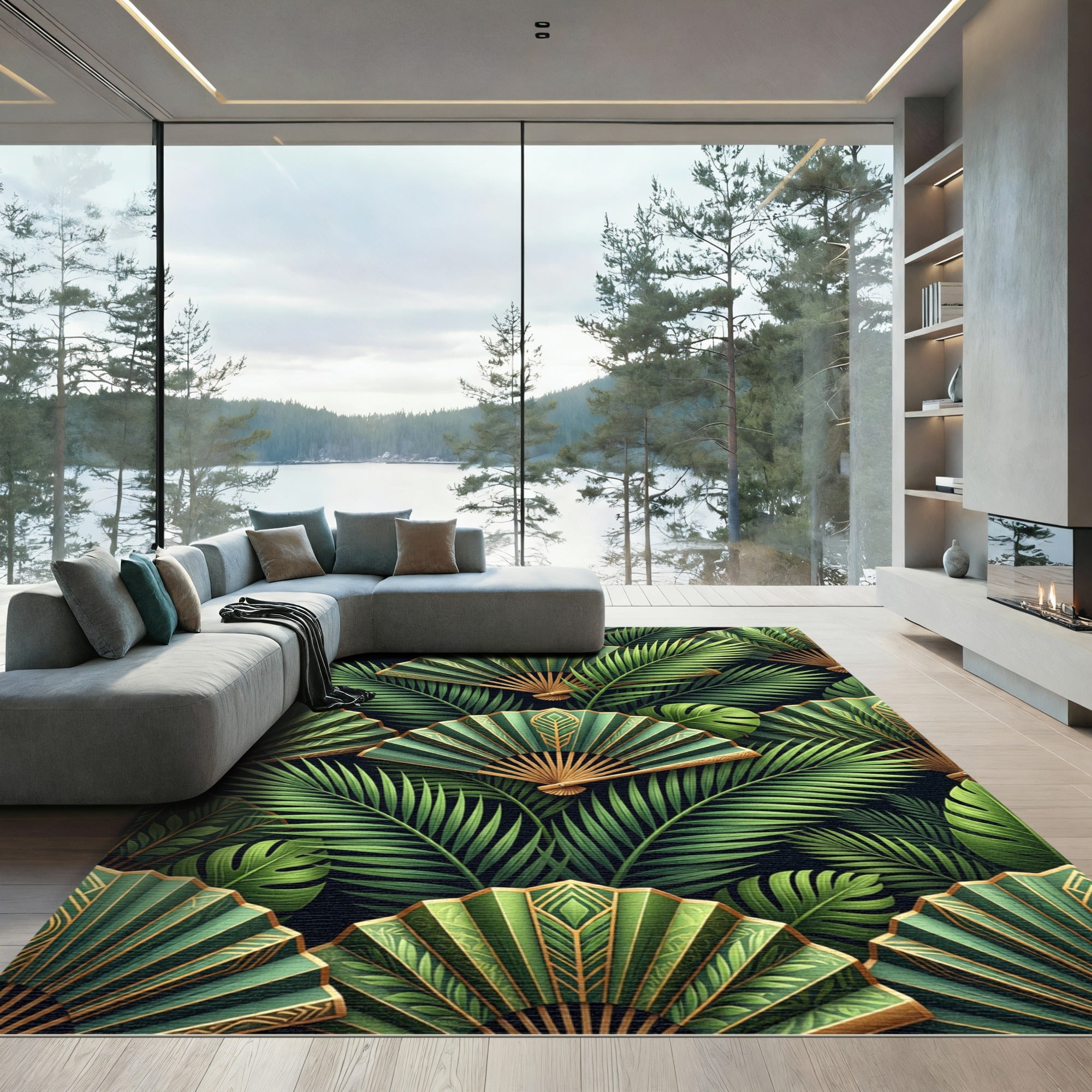 Emerald Green Fan Tropical Leaves Rug