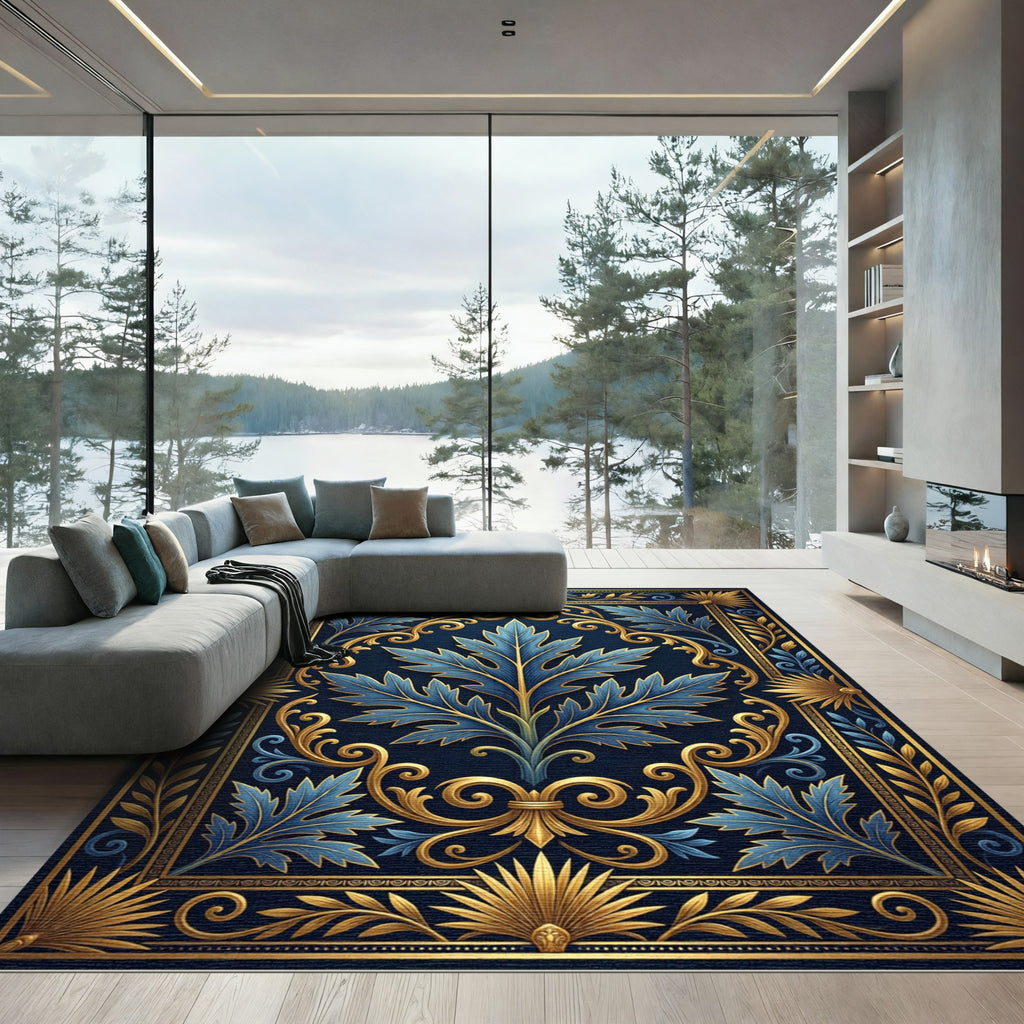 Elegant Blue Acanthus Leaf Gold Filigree Rug