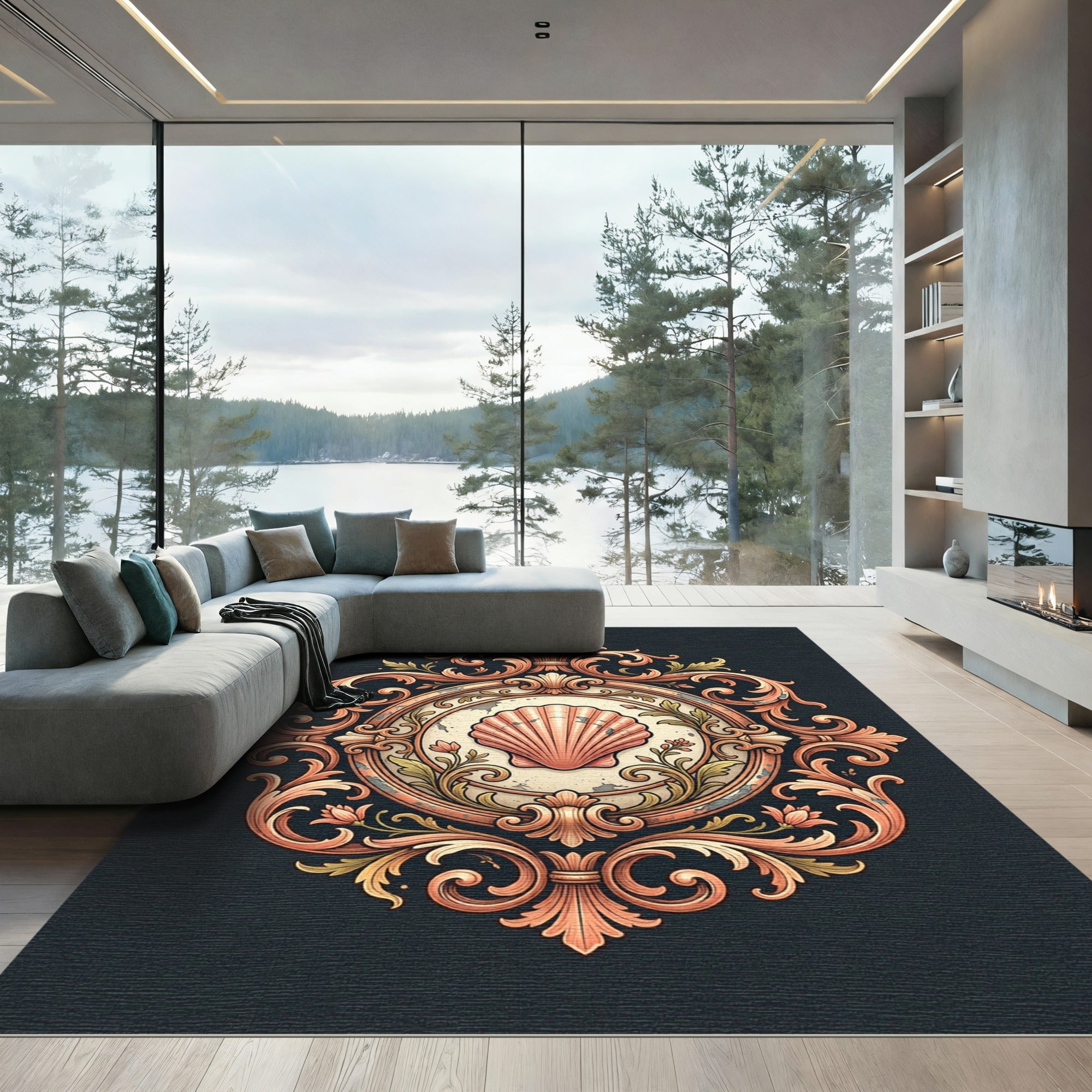 Ornate Scallop Shell Baroque Medallion Rug