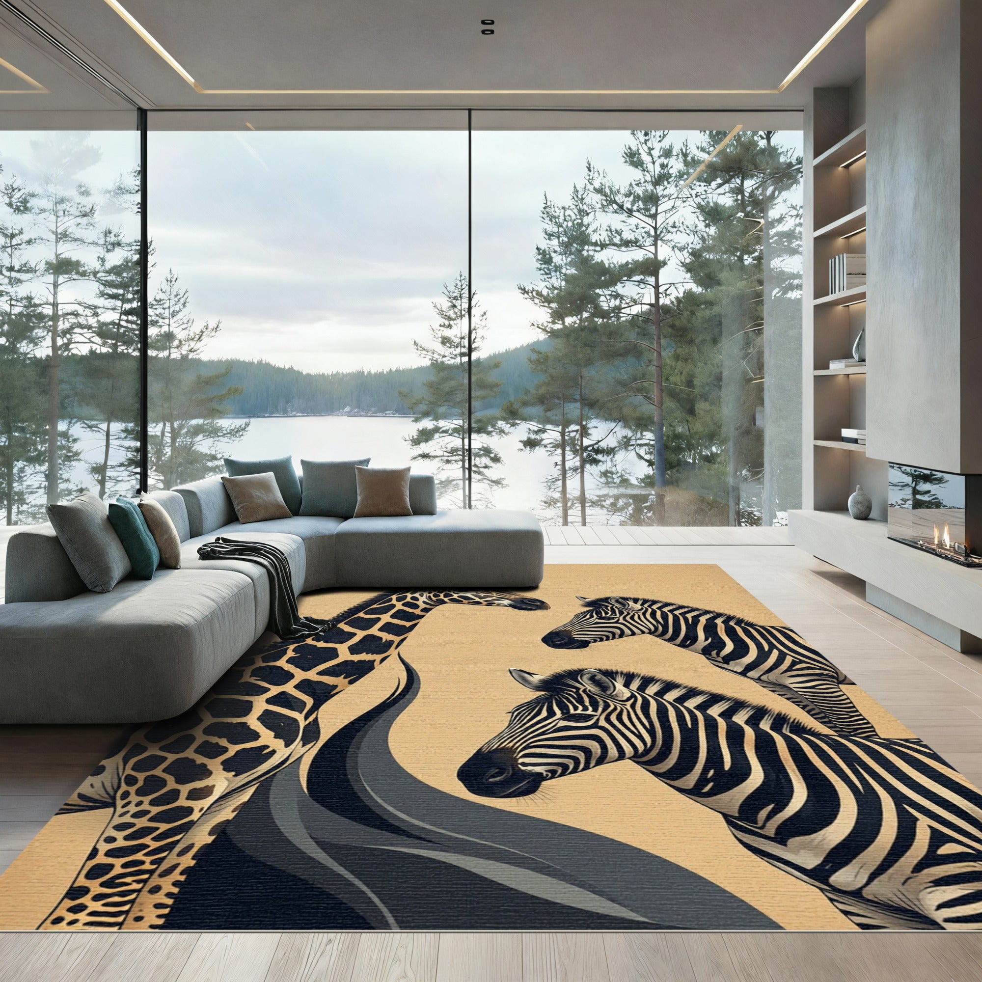 Elegant Safari Giraffe and Zebra Illustration Rug