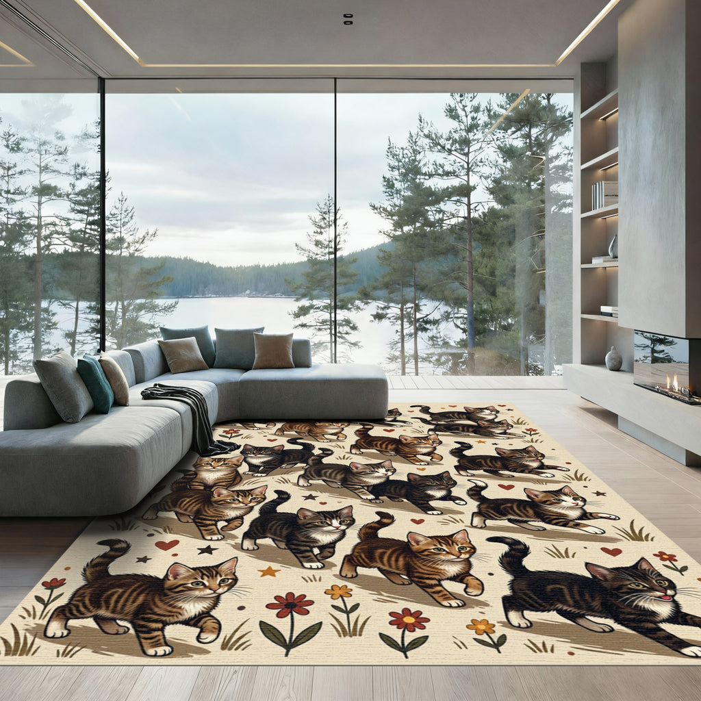 Whimsical Tabby Kitten Botanical Cream Rug