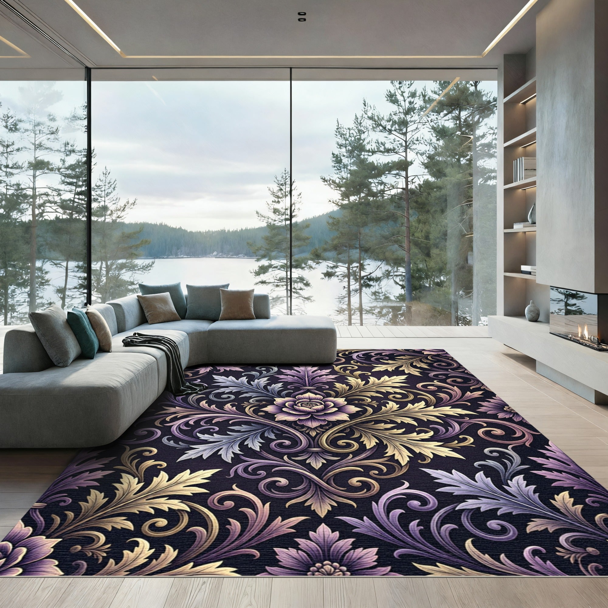 Ornate Purple and Gold Damask Swirl Rug