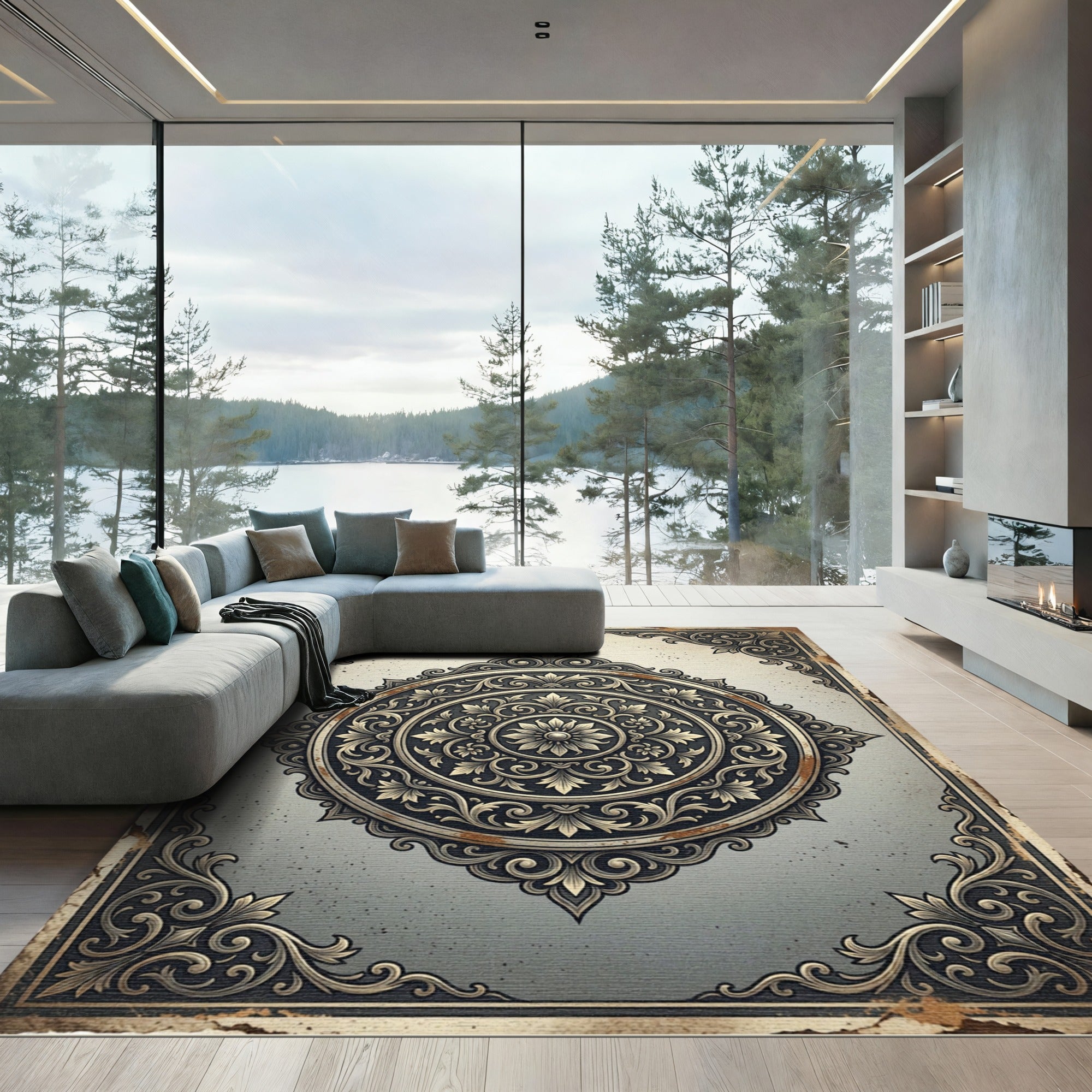 Antique Gold Floral Ornate Medallion Rug