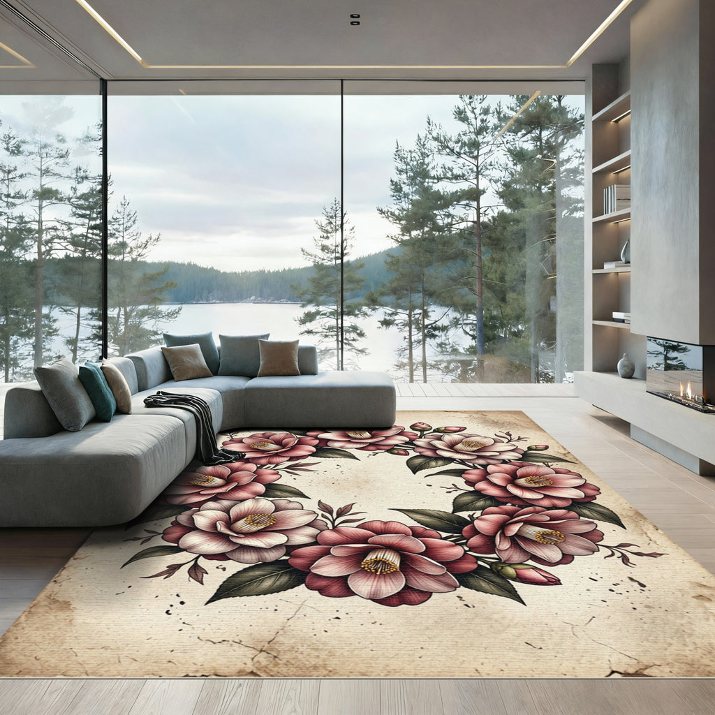 Vintage Pink Camellia Floral Wreath Rug