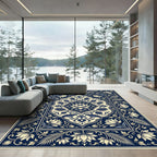 Deep Blue Ivory Floral Medallion Rug