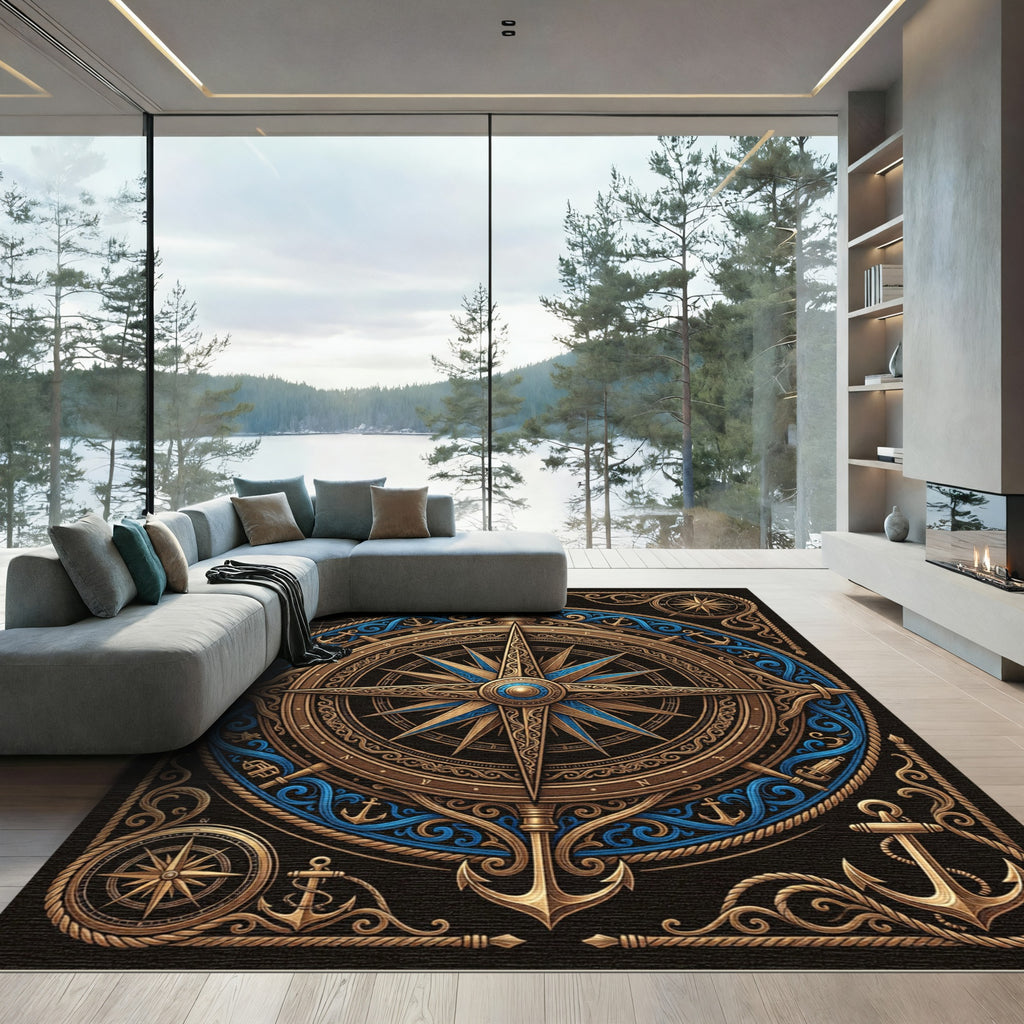 Nautical Golden Compass Navy Blue Medallion Rug