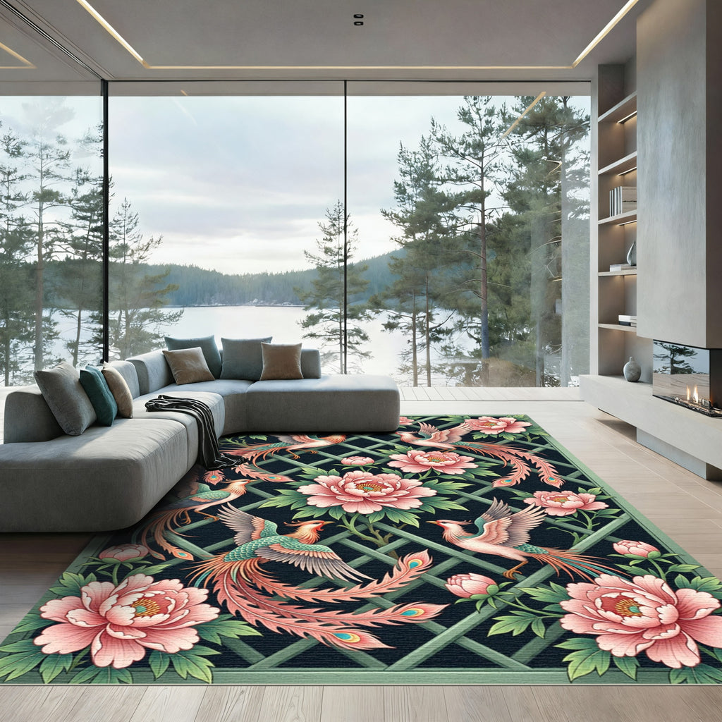 Elegant Pink Phoenix and Peony Garden Rug