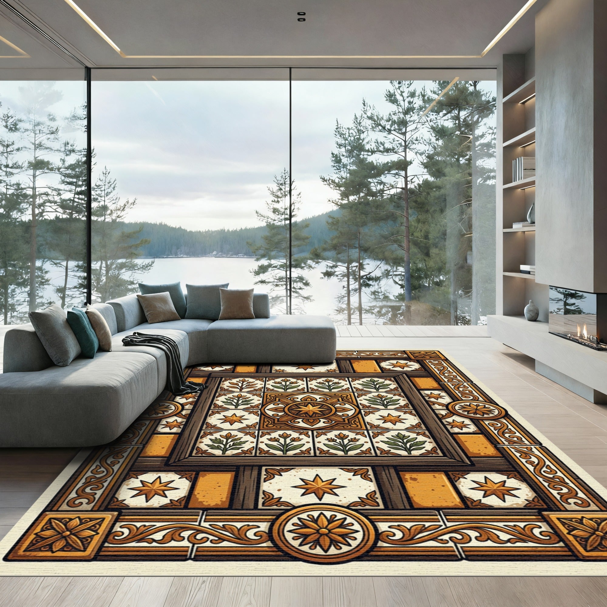 Ornate Golden Floral Medallion Tile Rug