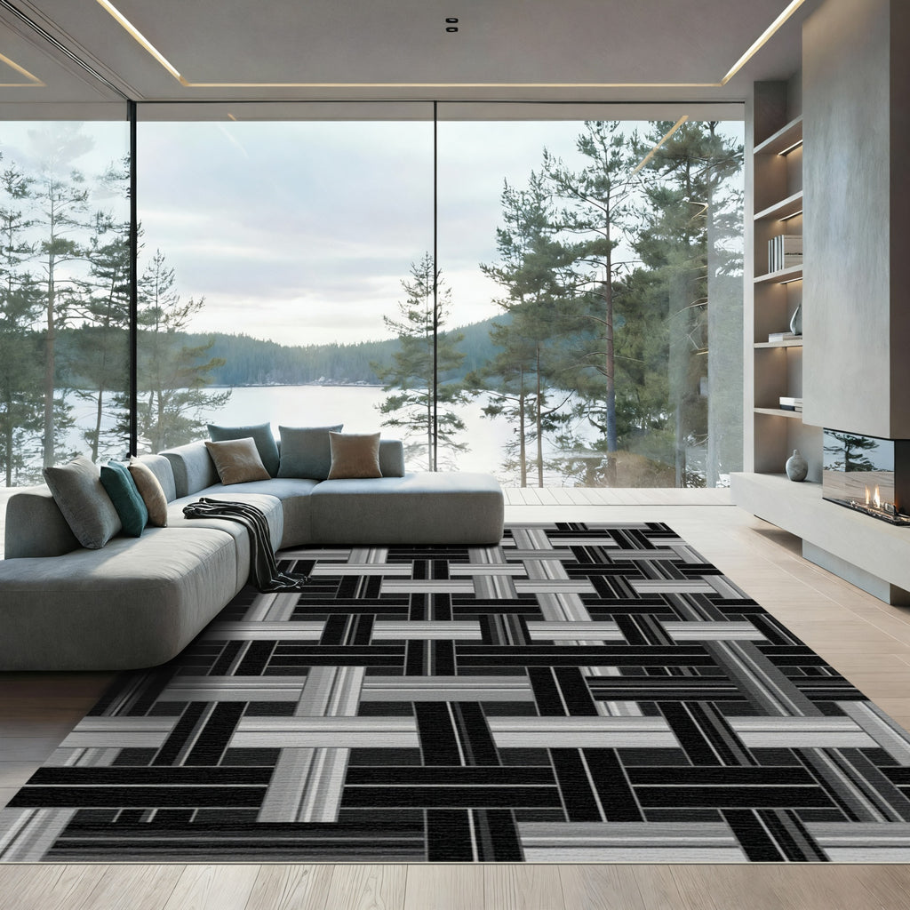 Monochromatic Woven Grid Graphic Rug