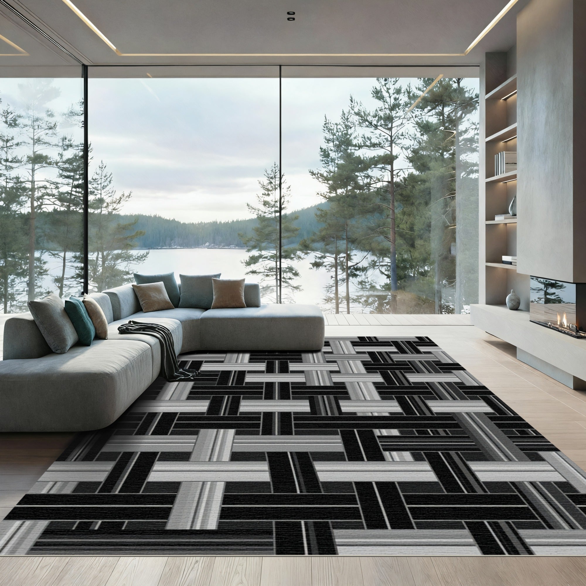 Monochromatic Woven Grid Graphic Rug