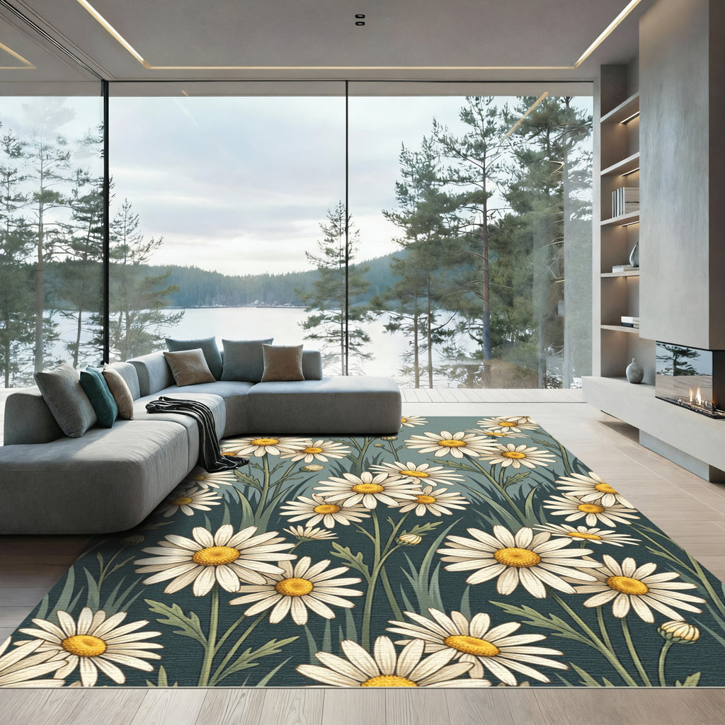 White Daisy Field Sage Green Rug