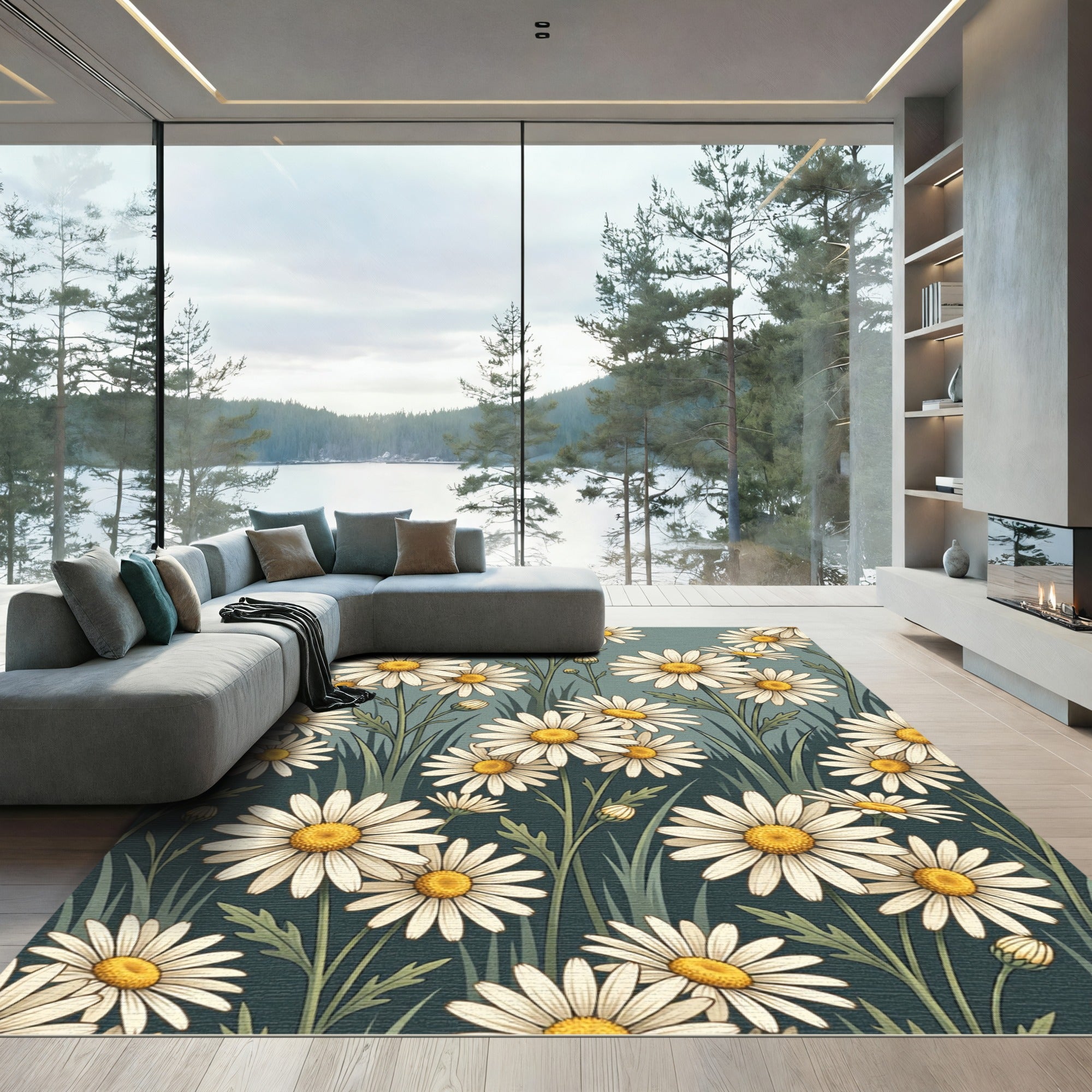 White Daisy Field Sage Green Rug