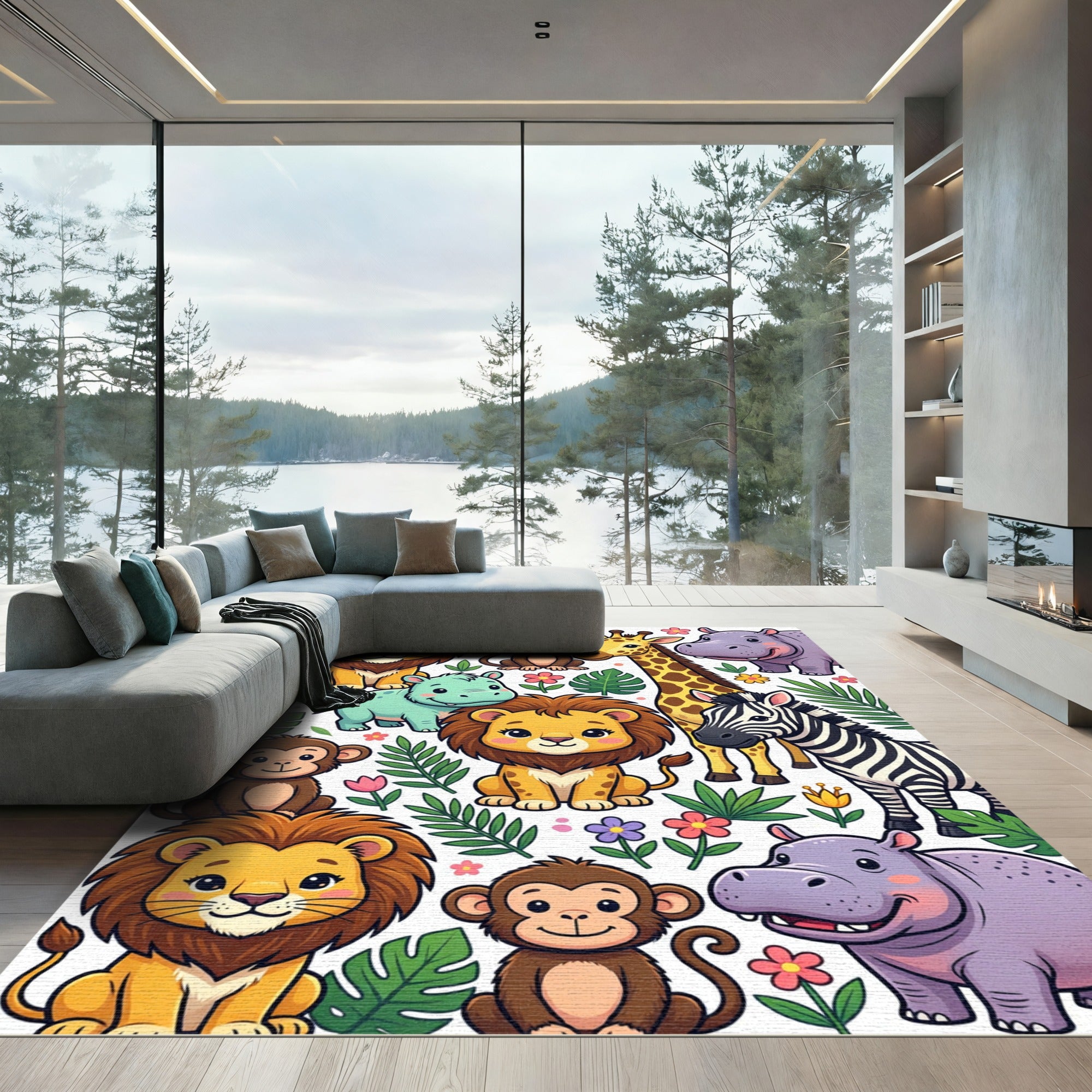 Playful Jungle Safari Creatures Animals Rug