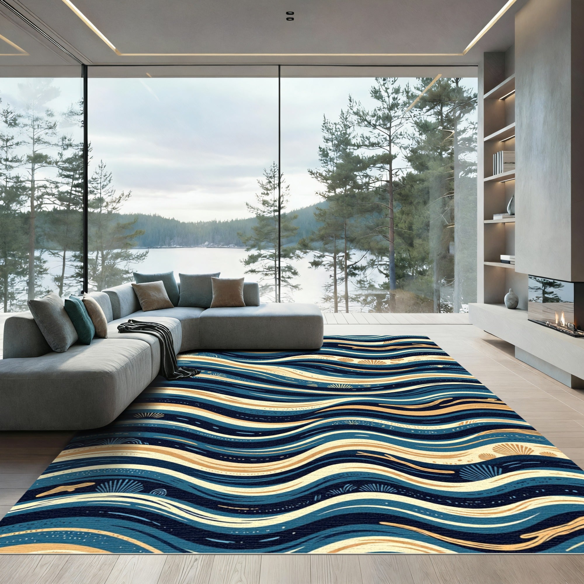 Coastal Navy and Golden Shell Waves Rug