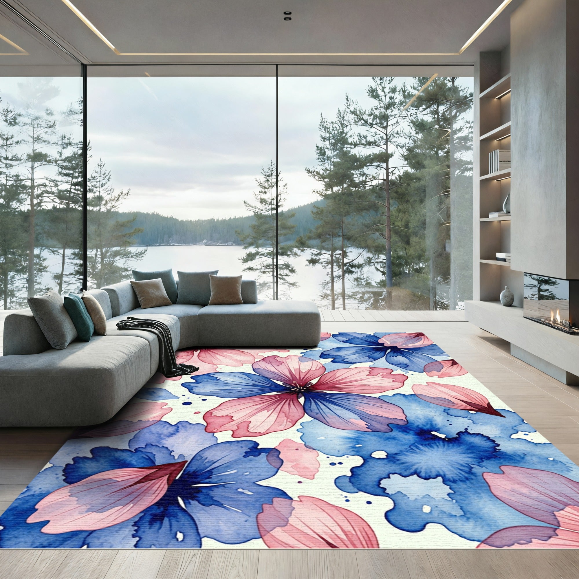 Watercolor Blue and Pink Petal Blossom Rug