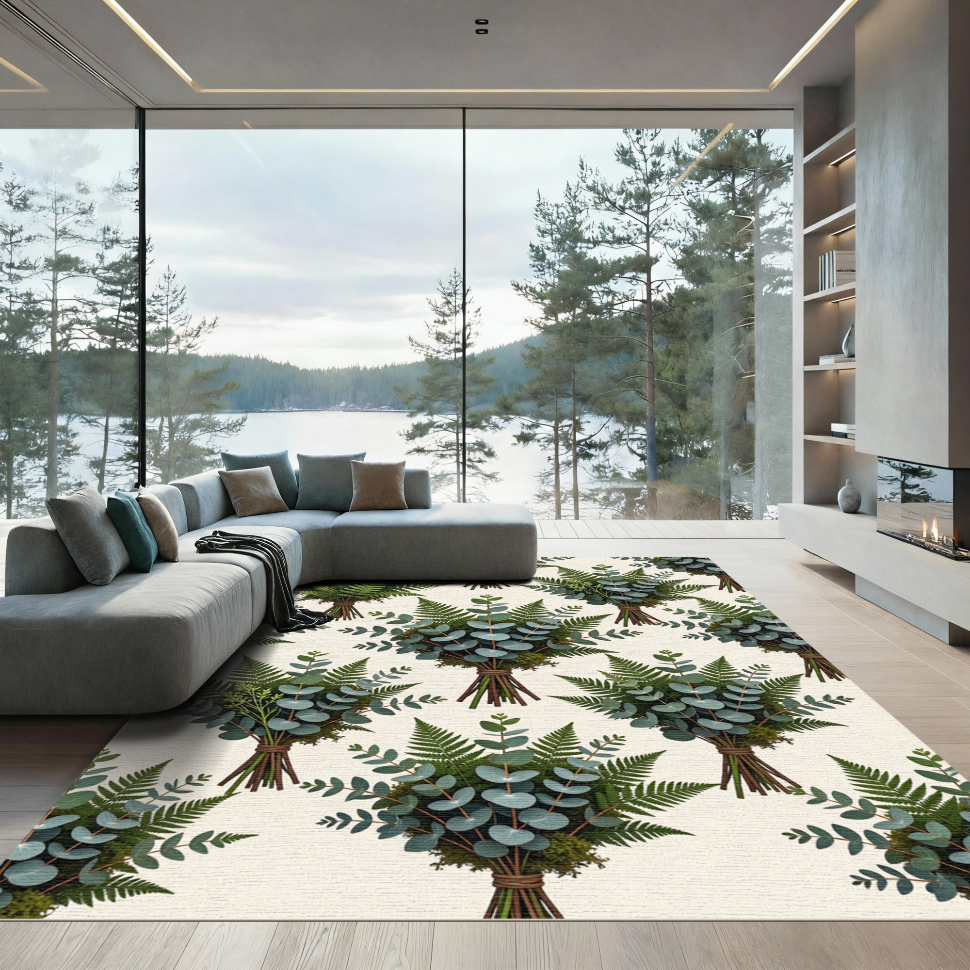 Green Fern Eucalyptus Botanical Arrangement Rug