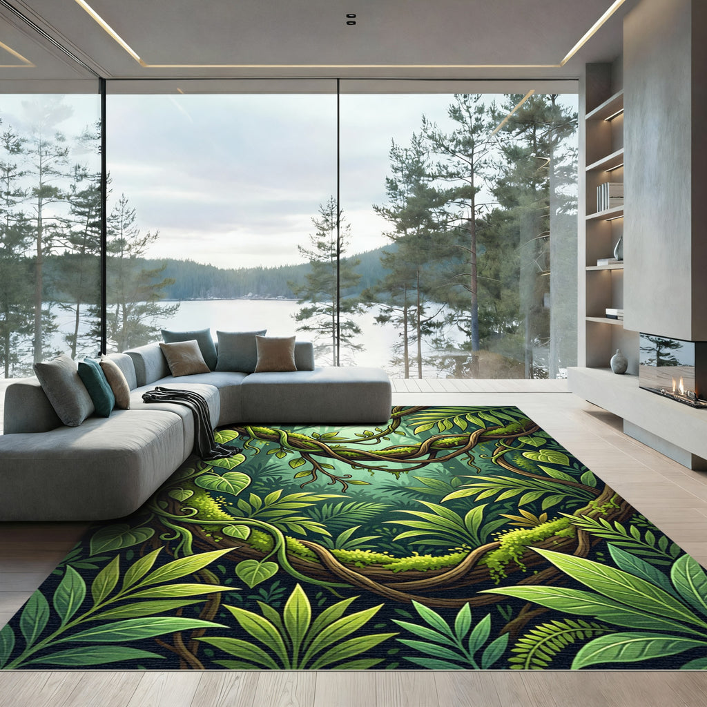Lush Green Tropical Foliage Jungle View Rug