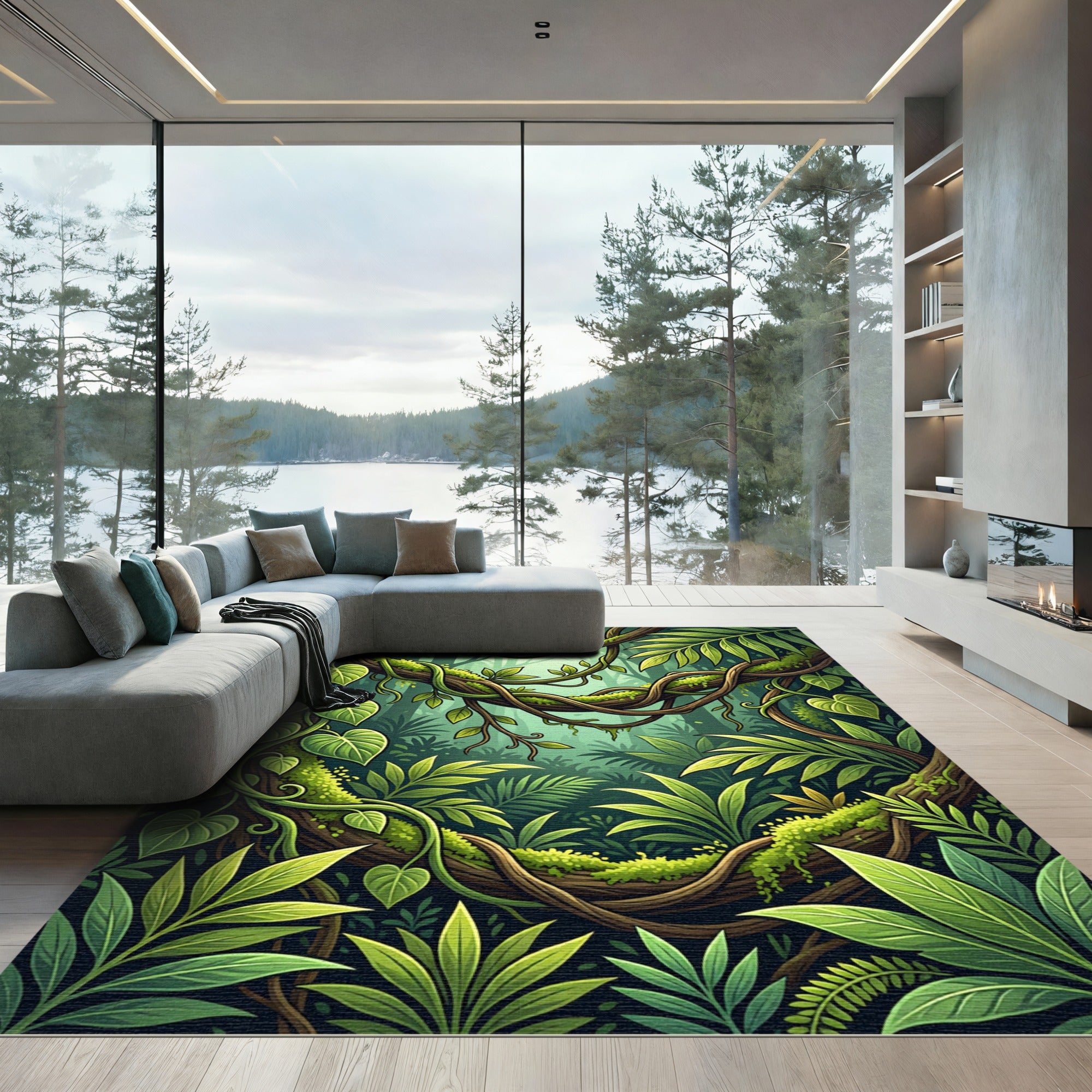 Lush Green Tropical Foliage Jungle View Rug