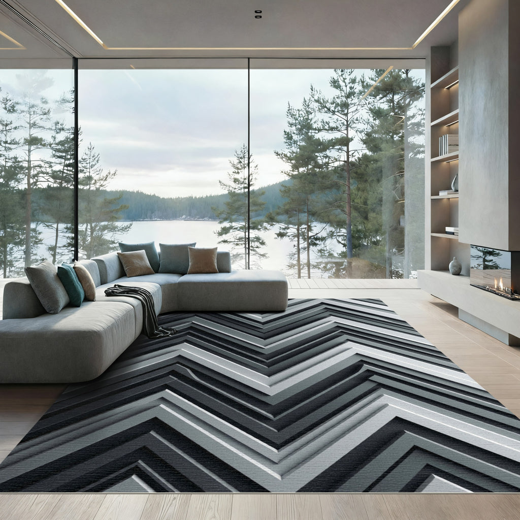 Monochromatic Silver Geometric Chevron Layered Rug