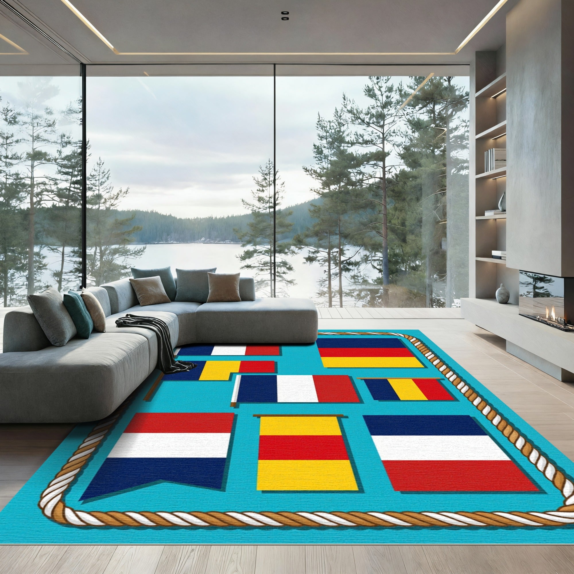 Nautical Flags Composition Blue Background Rug