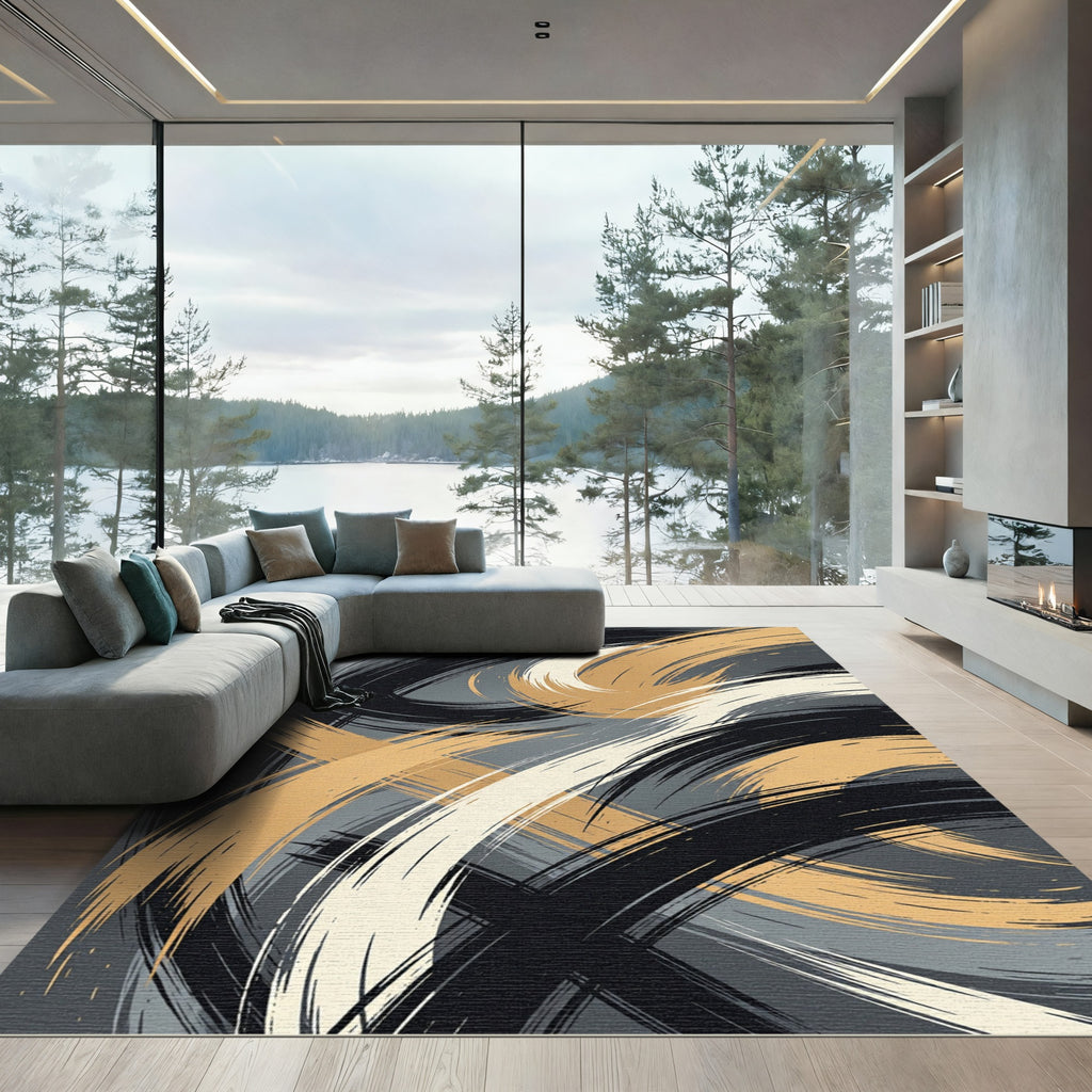 Modern Abstract Golden Swirl Rug