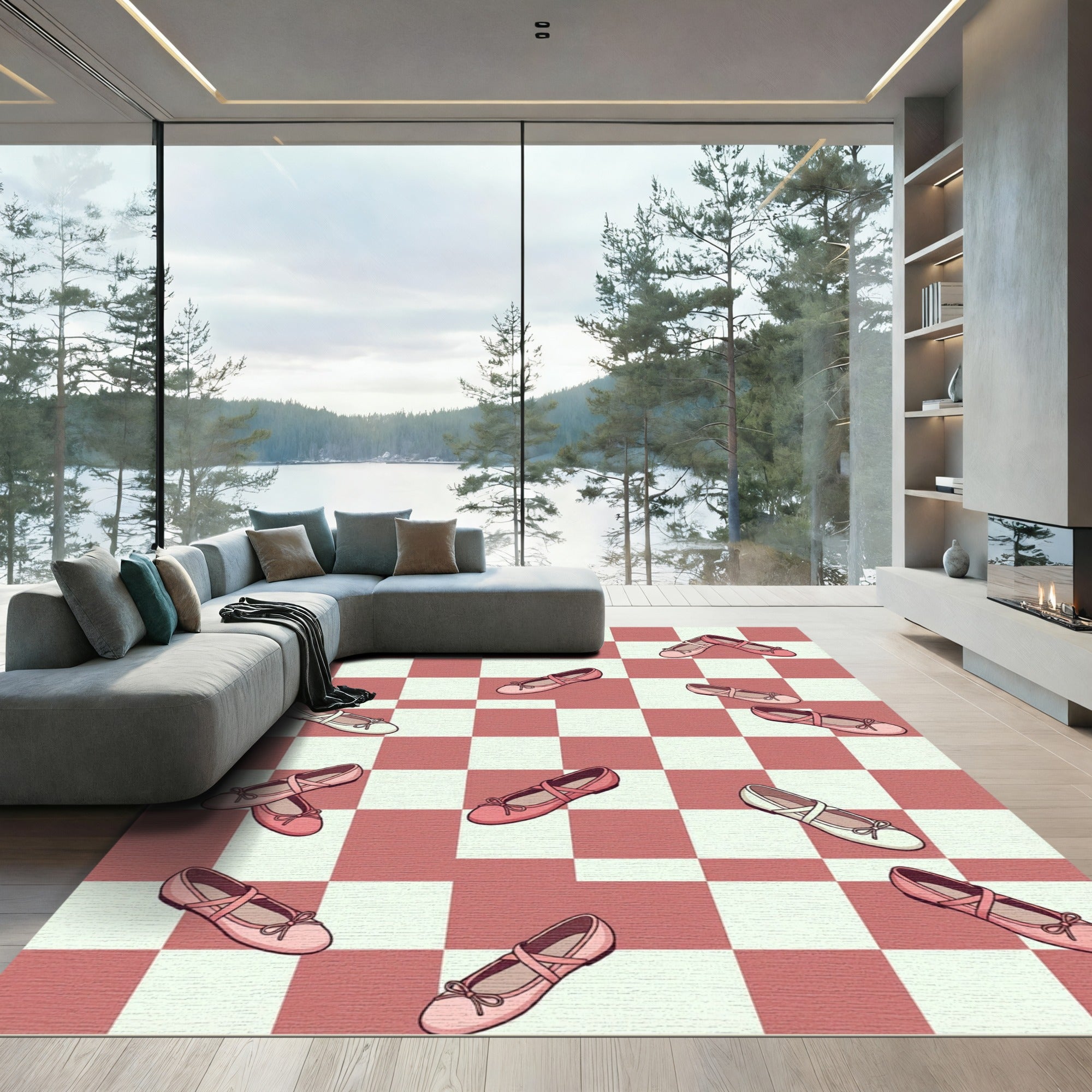 Playful Blush Pink Ballet Slipper Checkerboard Rug