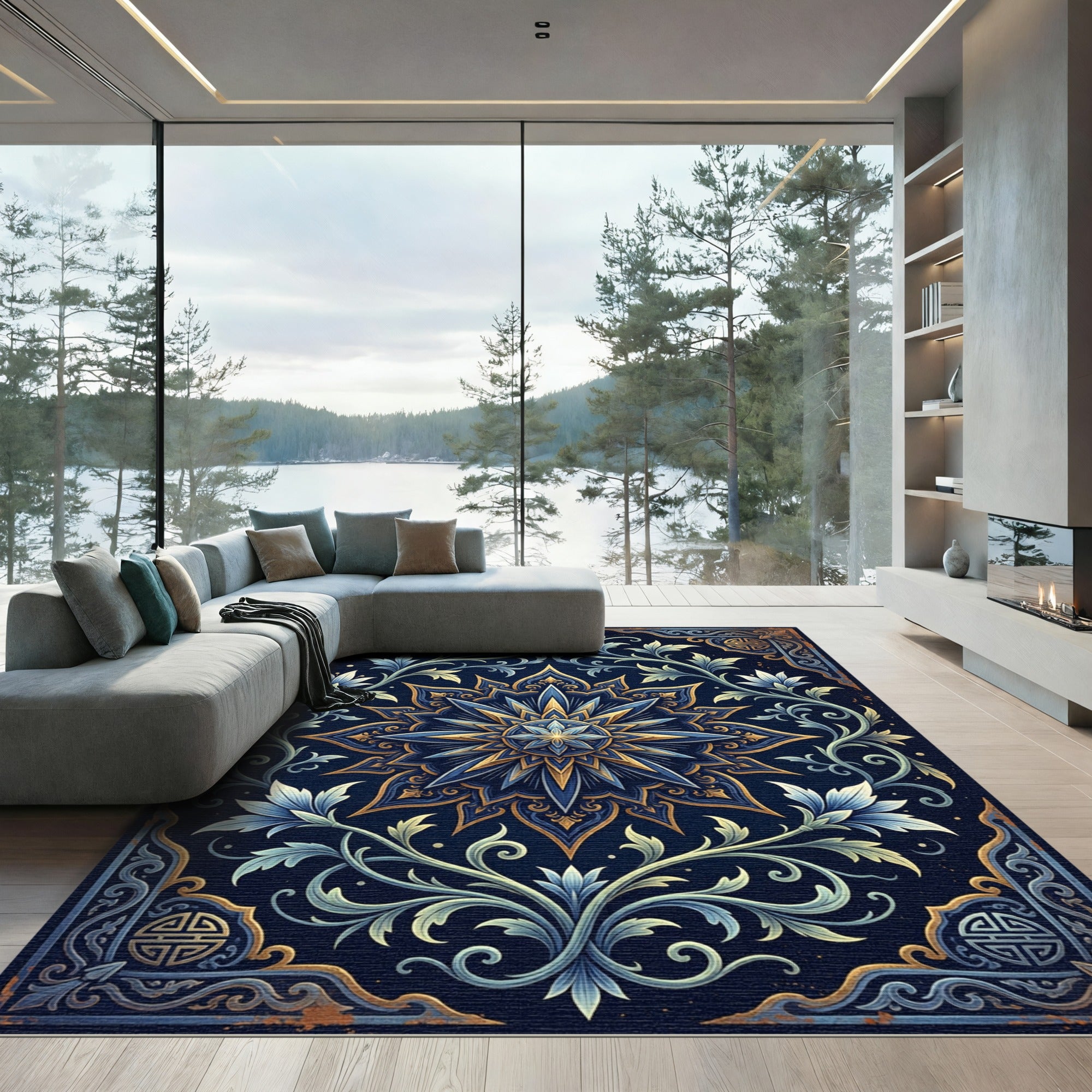 Midnight Blue Gold Celestial Lotus Rug