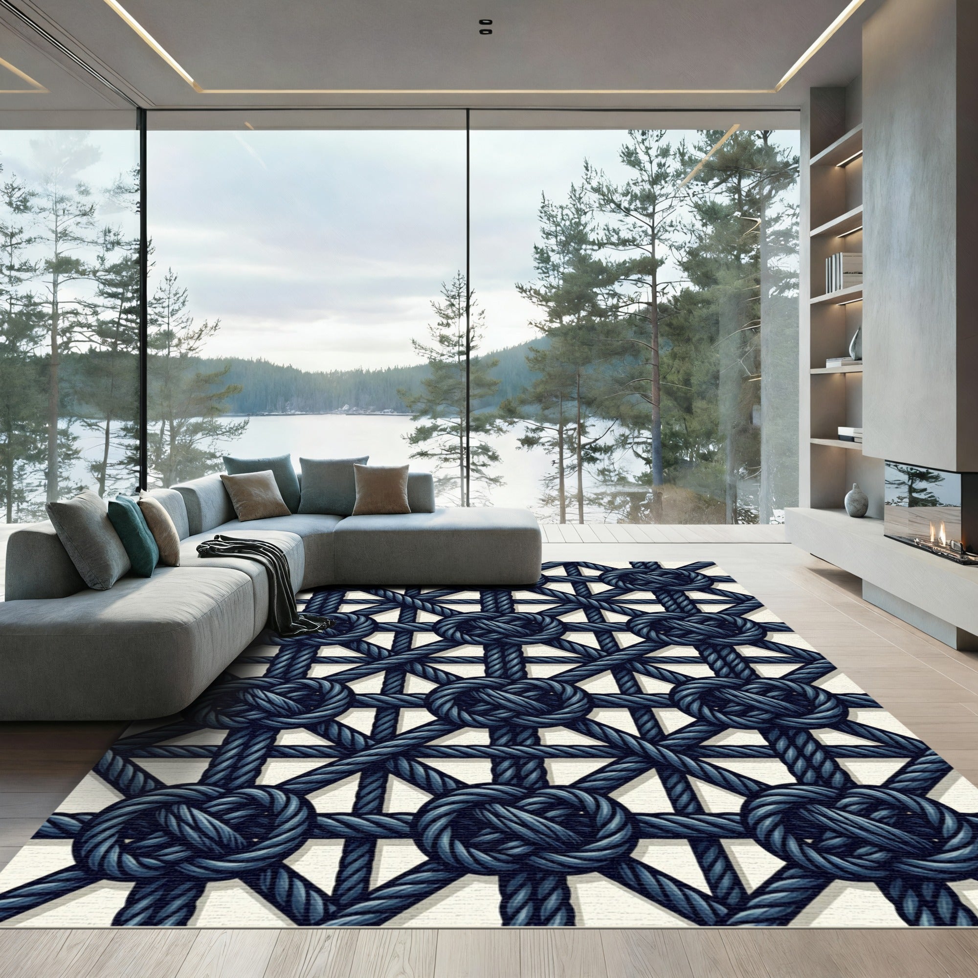 Deep Blue Nautical Knot Lattice Rug