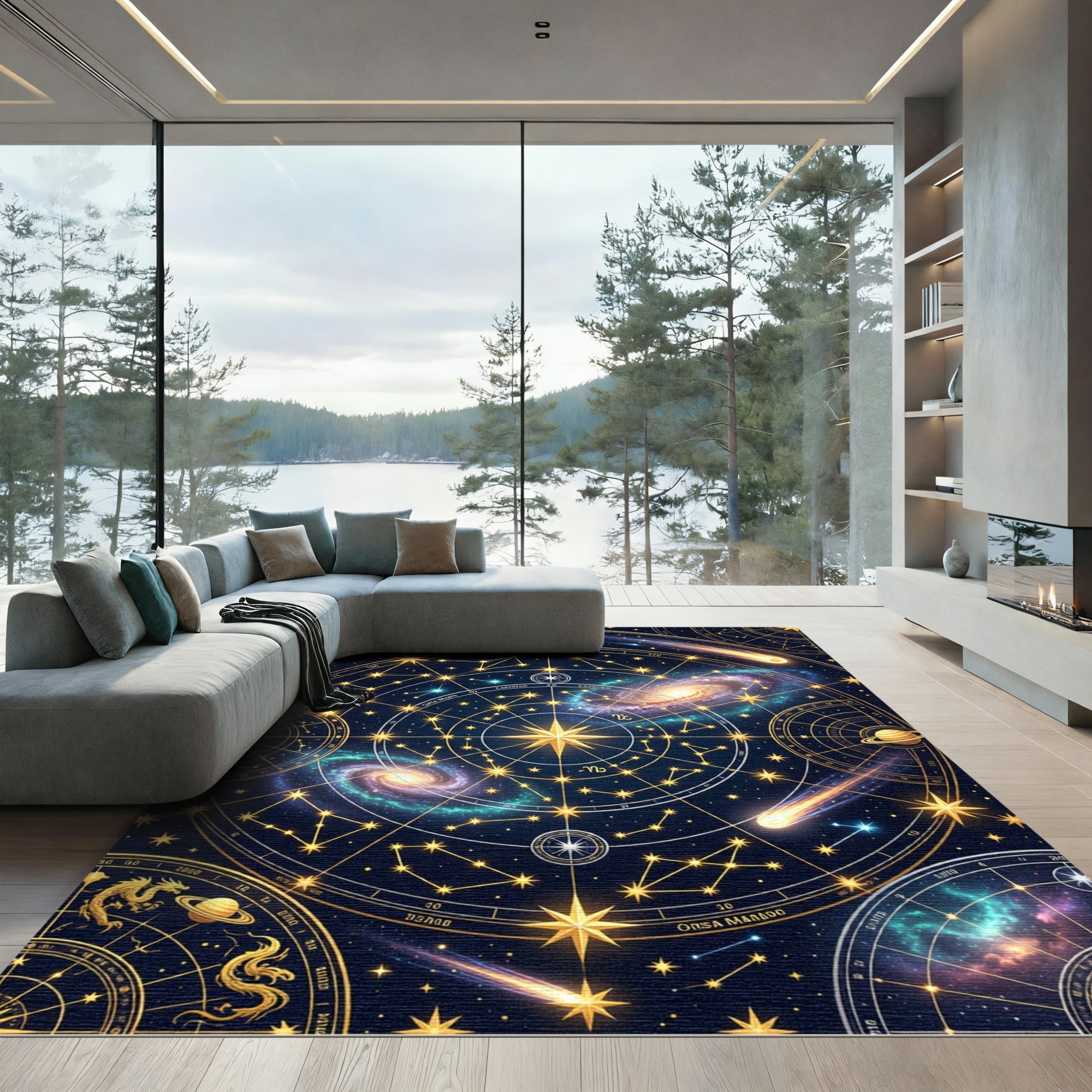 Golden Celestial Galaxy Constellation Map Rug