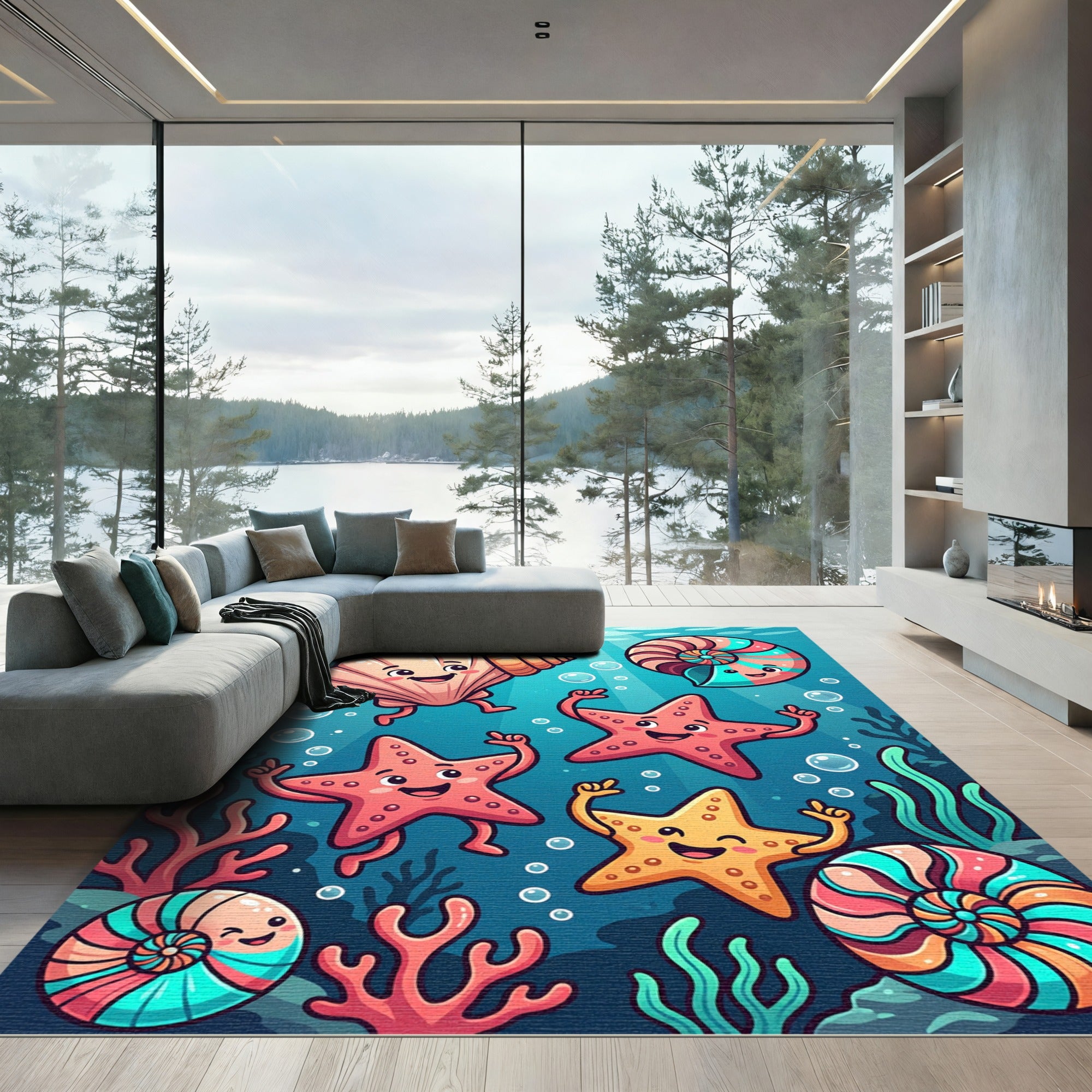 Whimsical Colorful Underwater Sea Life Illustration Rug