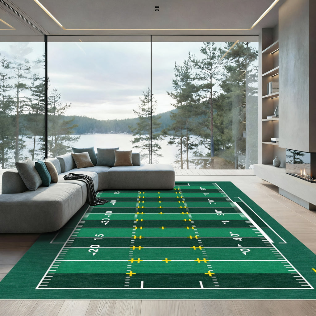 Minimalist Green Football Field Grid Rug