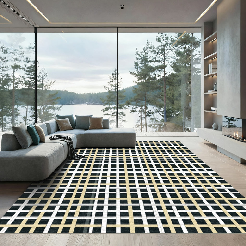Tan White Overlapping Grid Rug