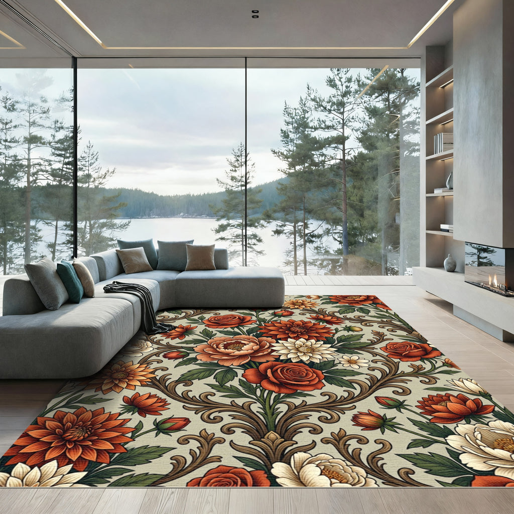 Vintage Autumn Floral Damask Scroll Rug