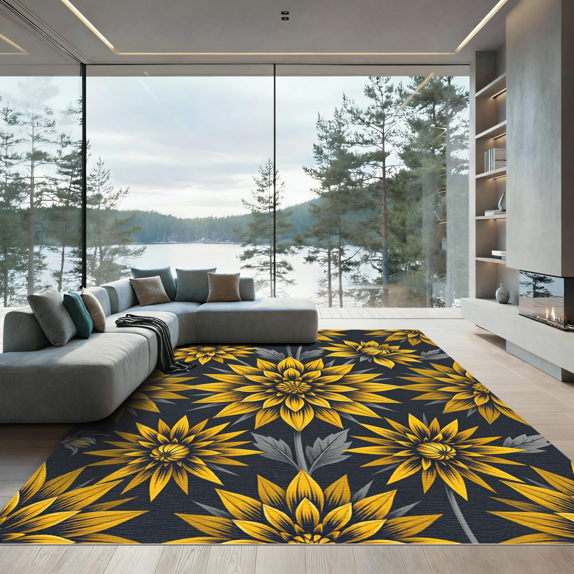 Golden Sunflower Floral Black Background Rug