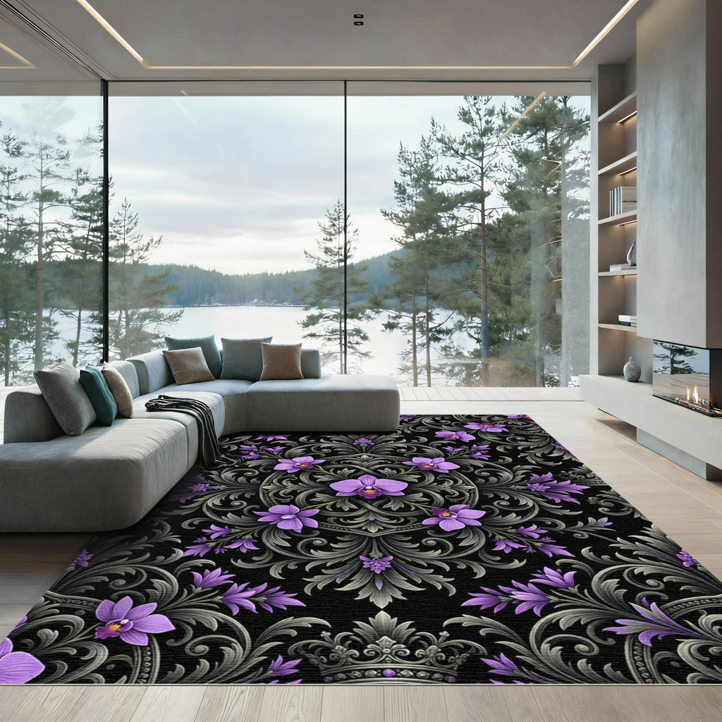 Elegant Purple Orchid Baroque Scroll Rug