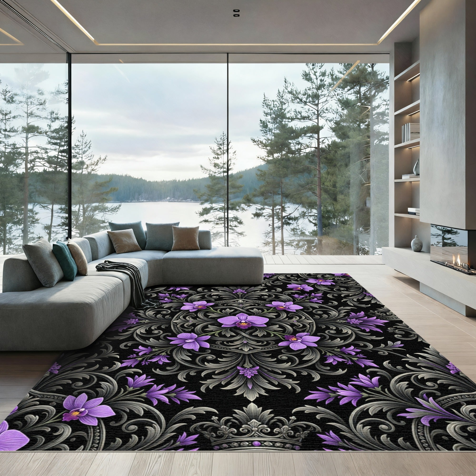 Elegant Purple Orchid Baroque Scroll Rug