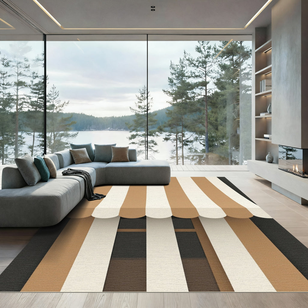 Brown Cream Vertical Stripe Awning Rug