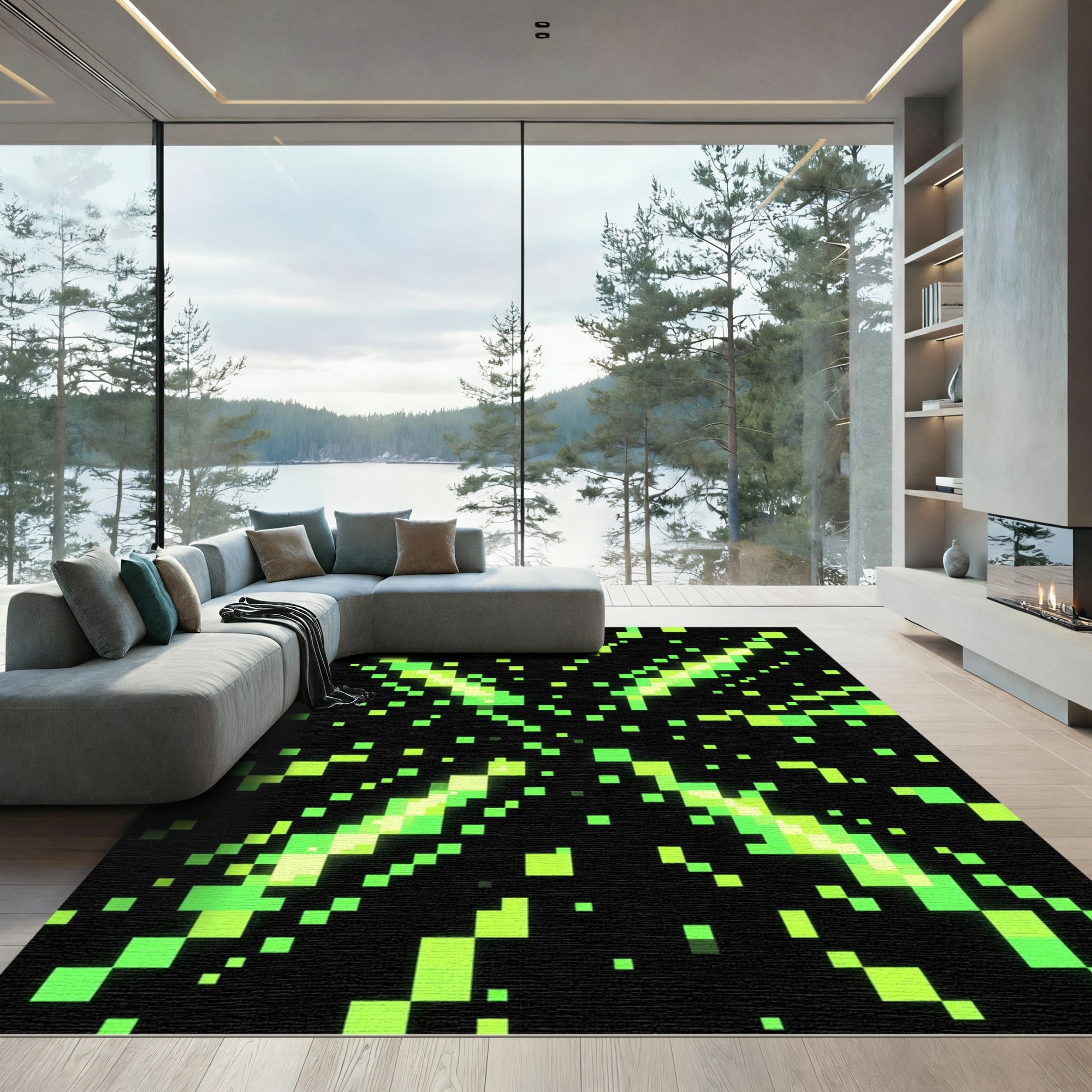 Neon Pixel Lime Green Geometric Explosion Rug
