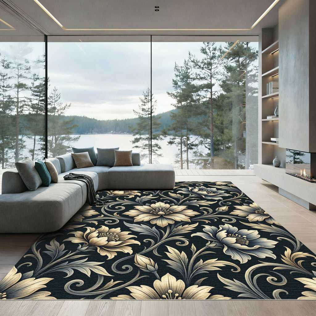 Elegant Ivory Floral Midnight Botanical Rug