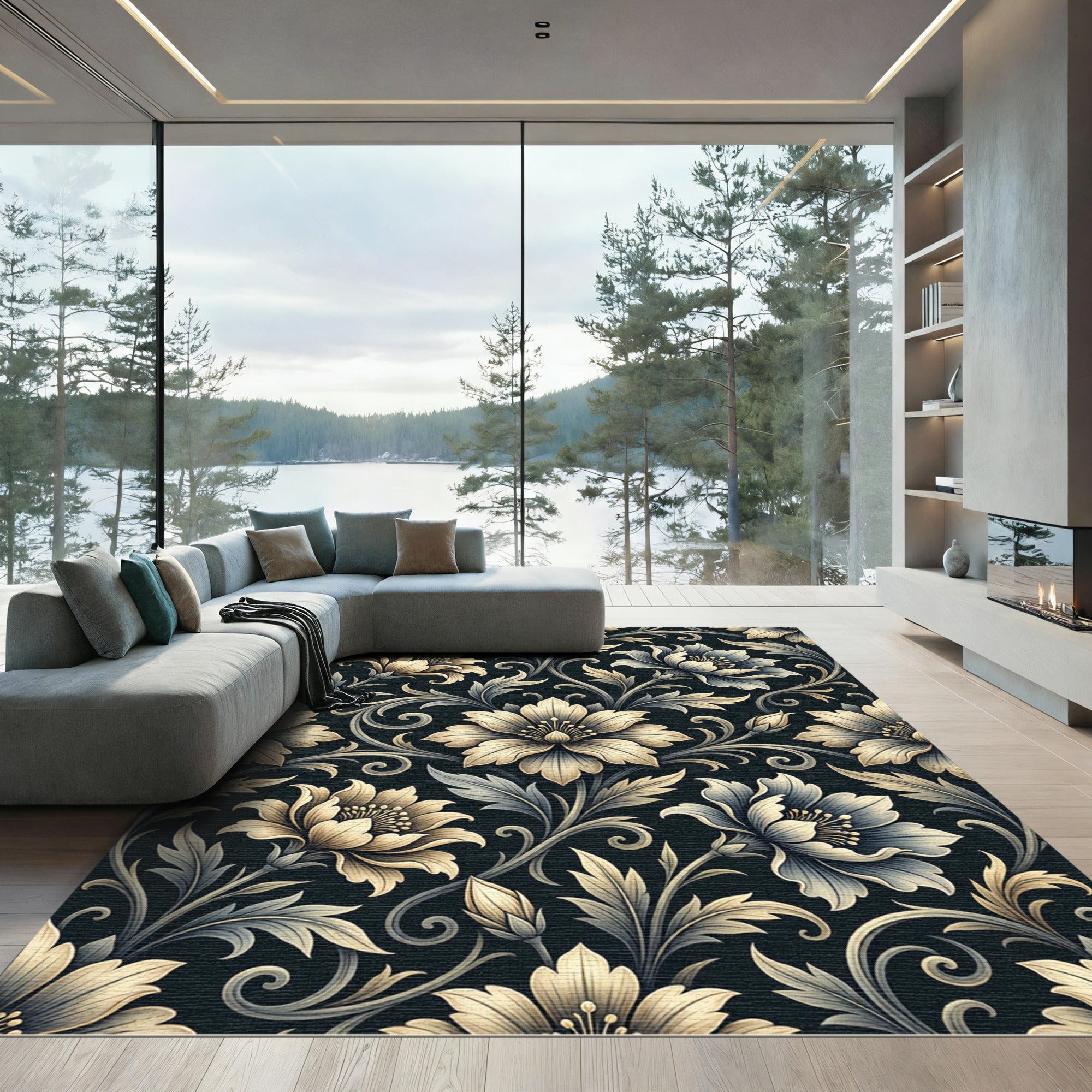 Elegant Ivory Floral Midnight Botanical Rug