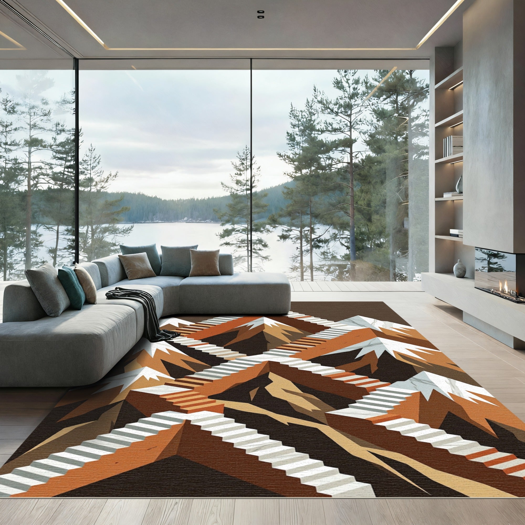 Escher Inspired Staircase Mountainscape Rug