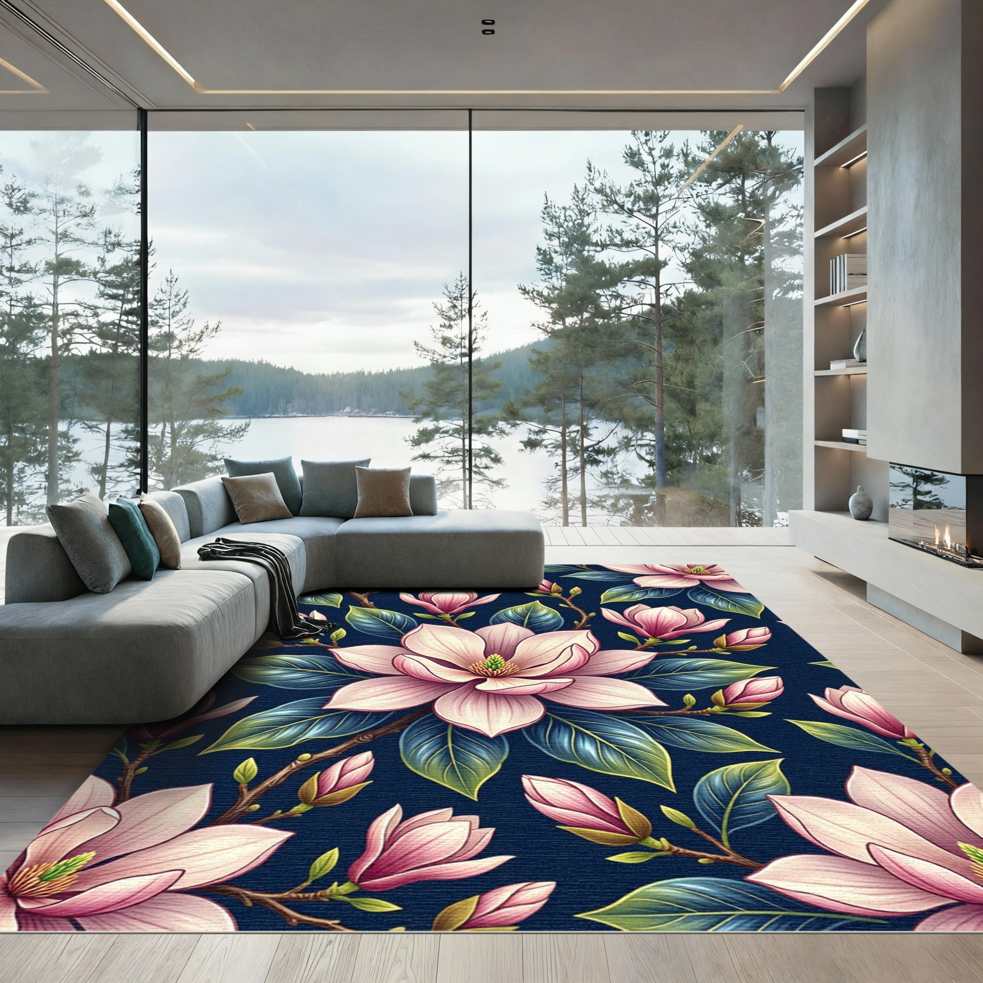 Elegant Pastel Magnolia on Navy Rug