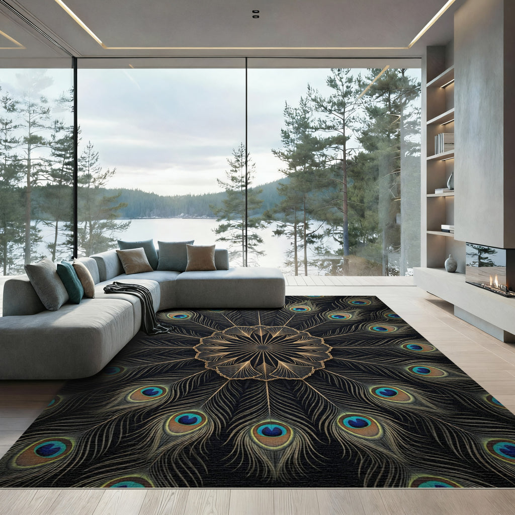 Golden Peacock Feather Mandala Medallion Rug