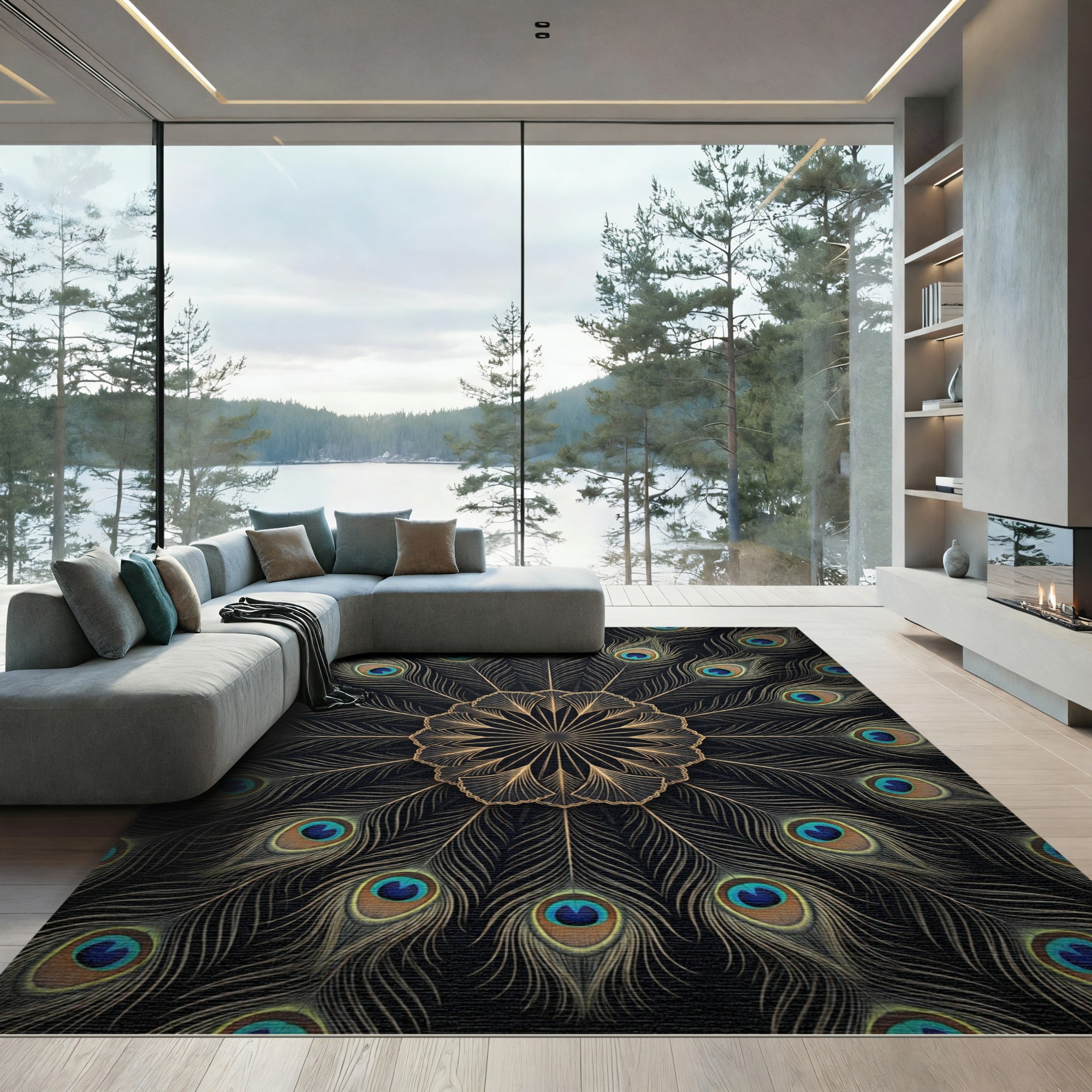 Golden Peacock Feather Mandala Medallion Rug